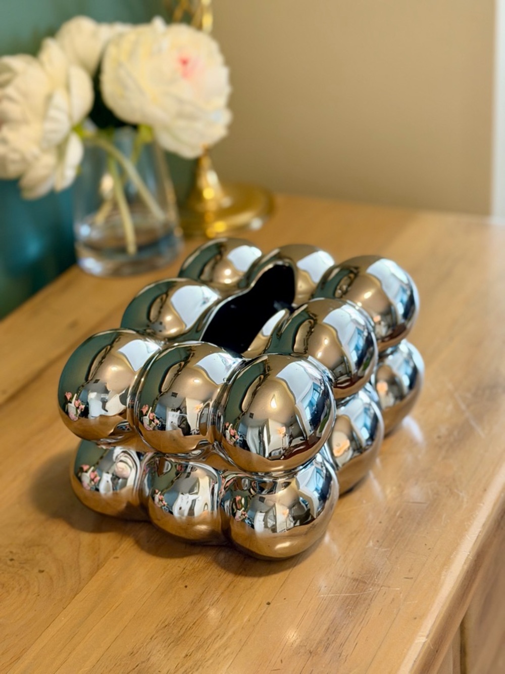 Chrome Bubble Tissue Box Cover Sculptural Silver Modern Decor - Picture 2 of 9
